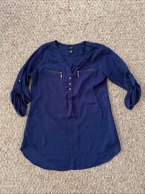 Rue21 Navy V-Neck Tunic with Gold Zipper Accents